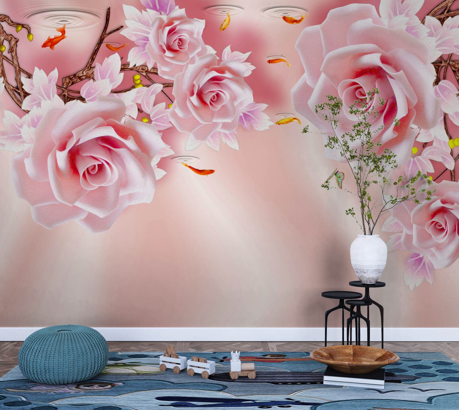 Papier peint des bourgeons de roses délicates fleurissent sur les branches