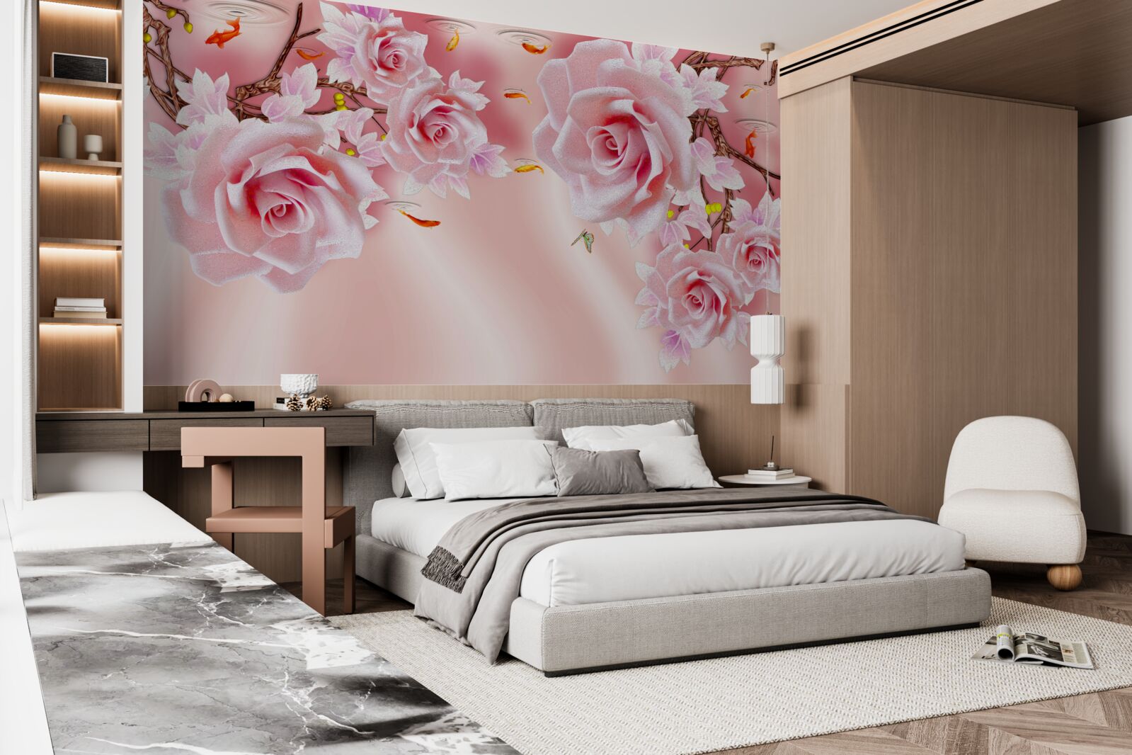 Papier peint des bourgeons de roses délicates fleurissent sur les branches