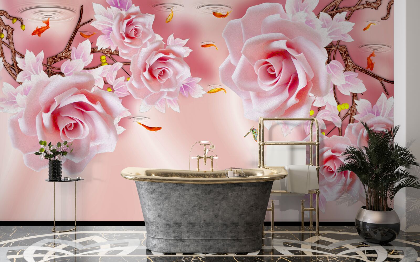 Papier peint des bourgeons de roses délicates fleurissent sur les branches