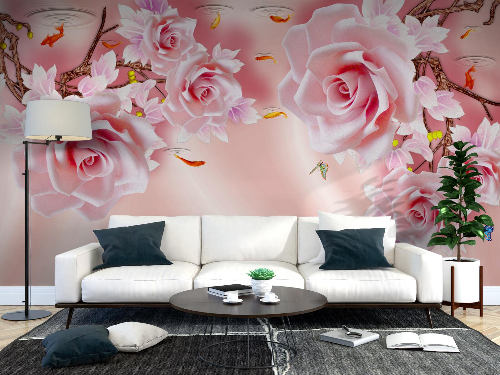 Papier peint des bourgeons de roses délicates fleurissent sur les branches