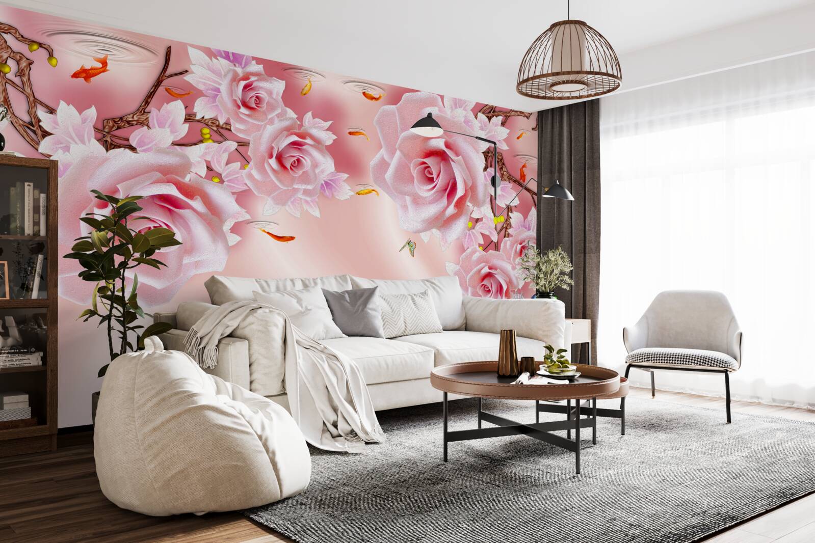 Papier peint des bourgeons de roses délicates fleurissent sur les branches