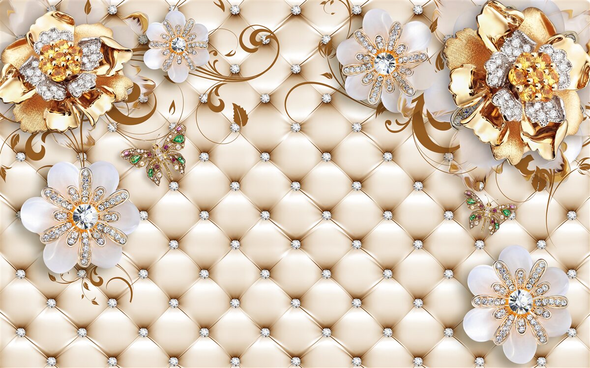 Papier peint fleurs à cinq pétales trempées dans l'or