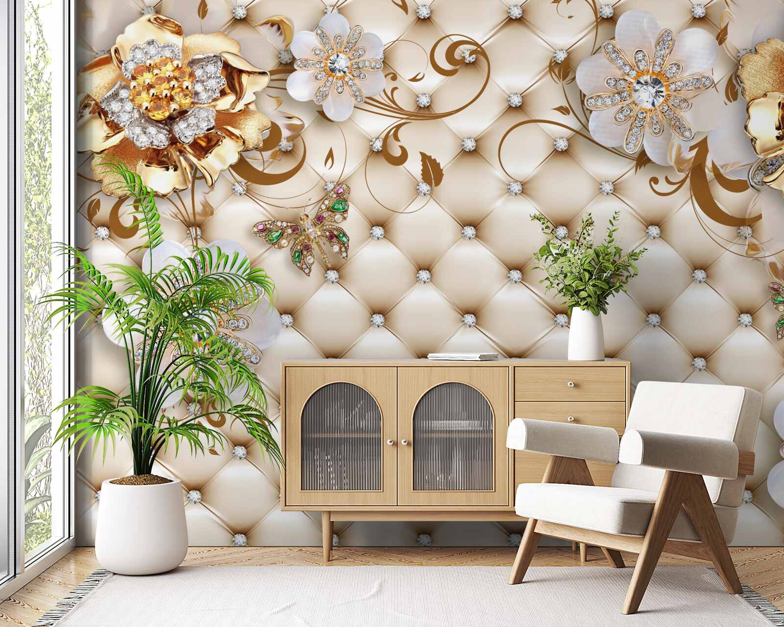 Papier peint fleurs à cinq pétales trempées dans l'or