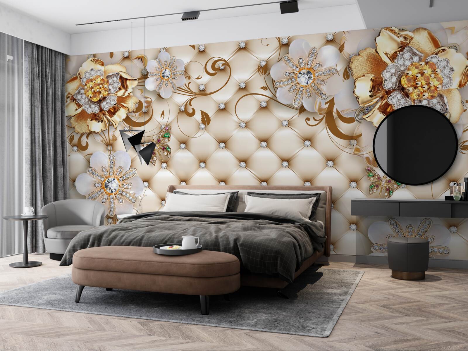 Papier peint fleurs à cinq pétales trempées dans l'or