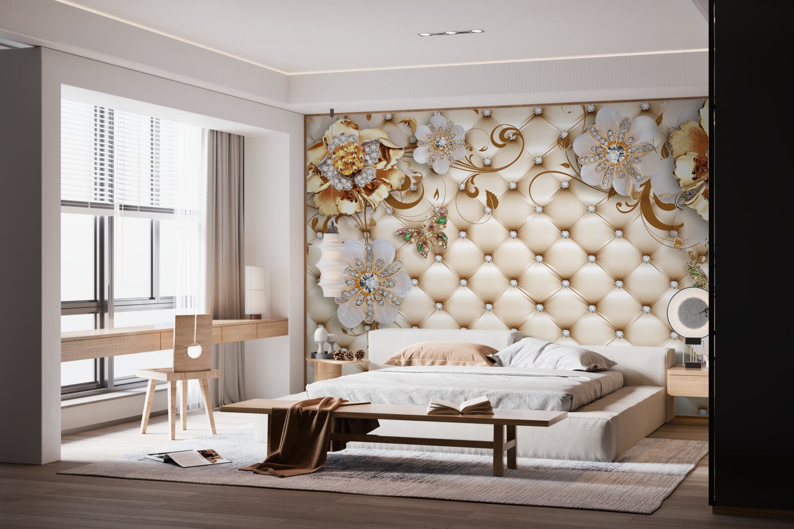 Papier peint fleurs à cinq pétales trempées dans l'or