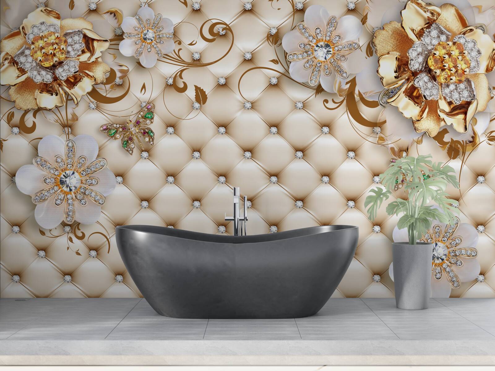 Papier peint fleurs à cinq pétales trempées dans l'or