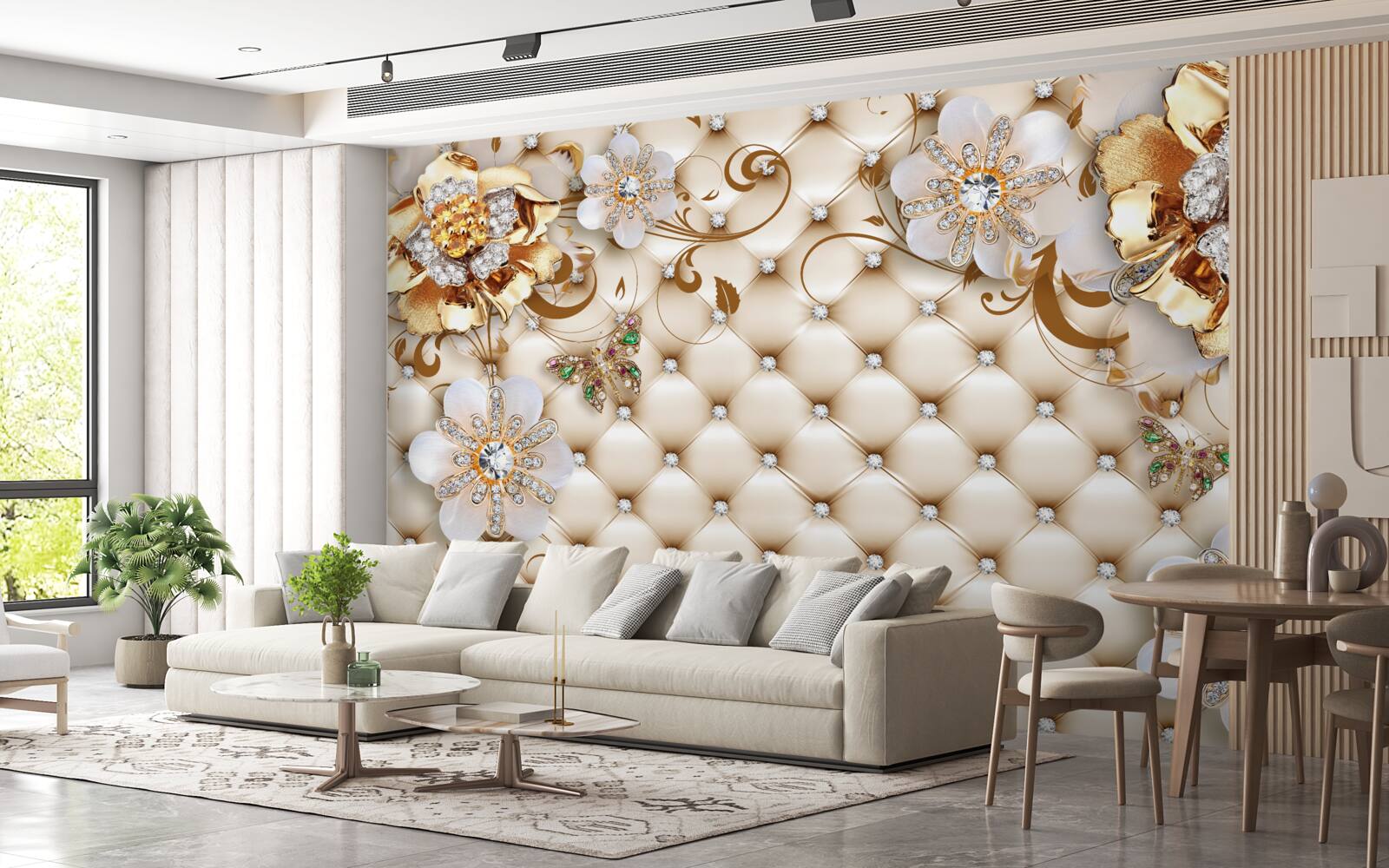 Papier peint fleurs à cinq pétales trempées dans l'or