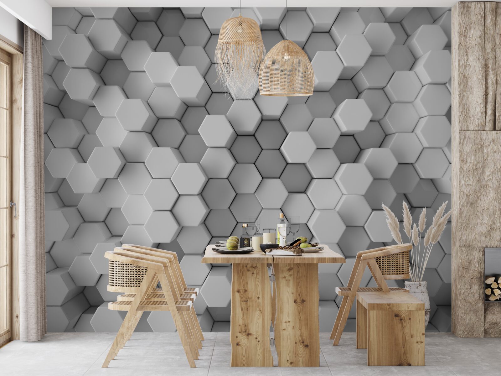 Papier peint hexagones gris et blancs pressés