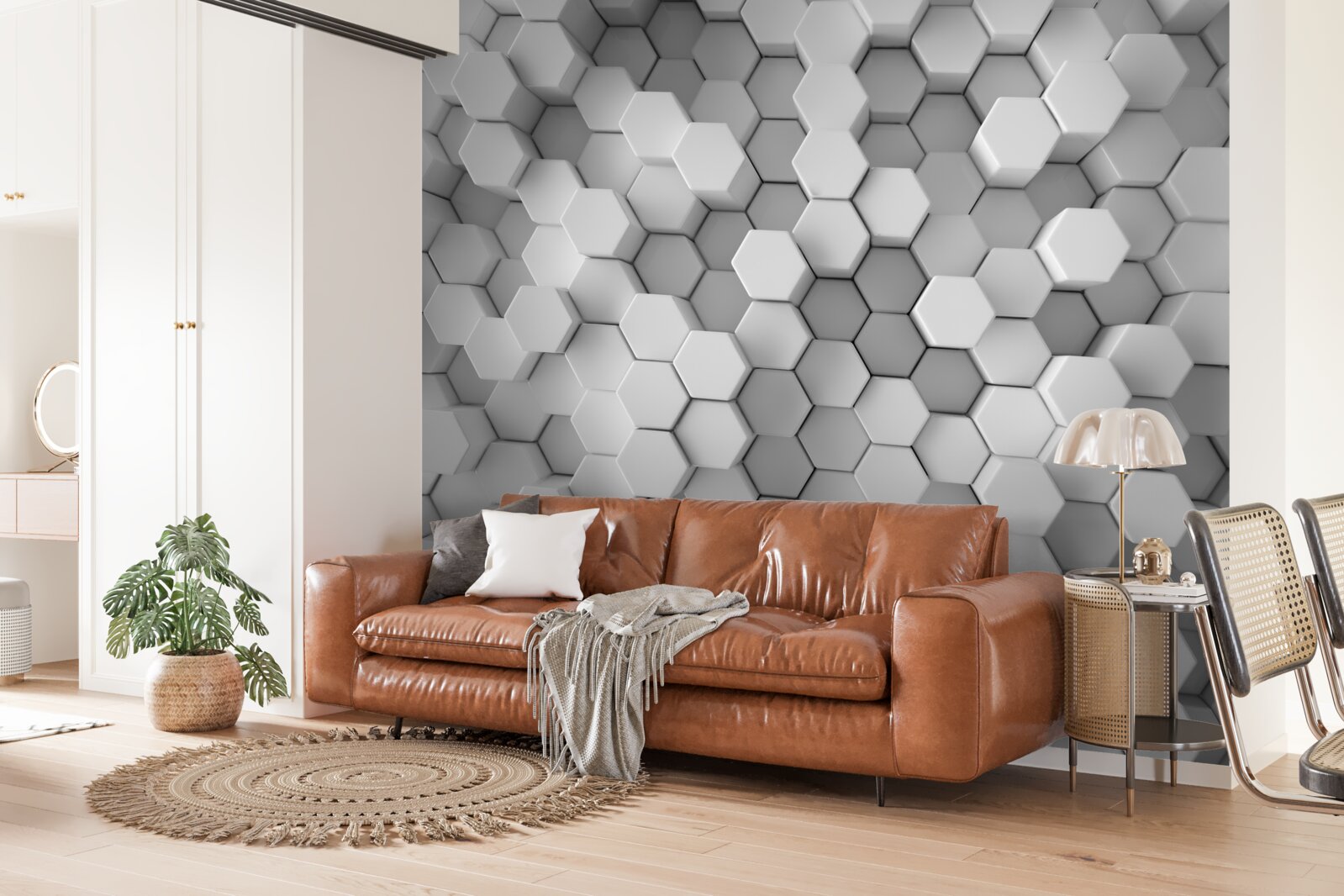 Papier peint hexagones gris et blancs pressés