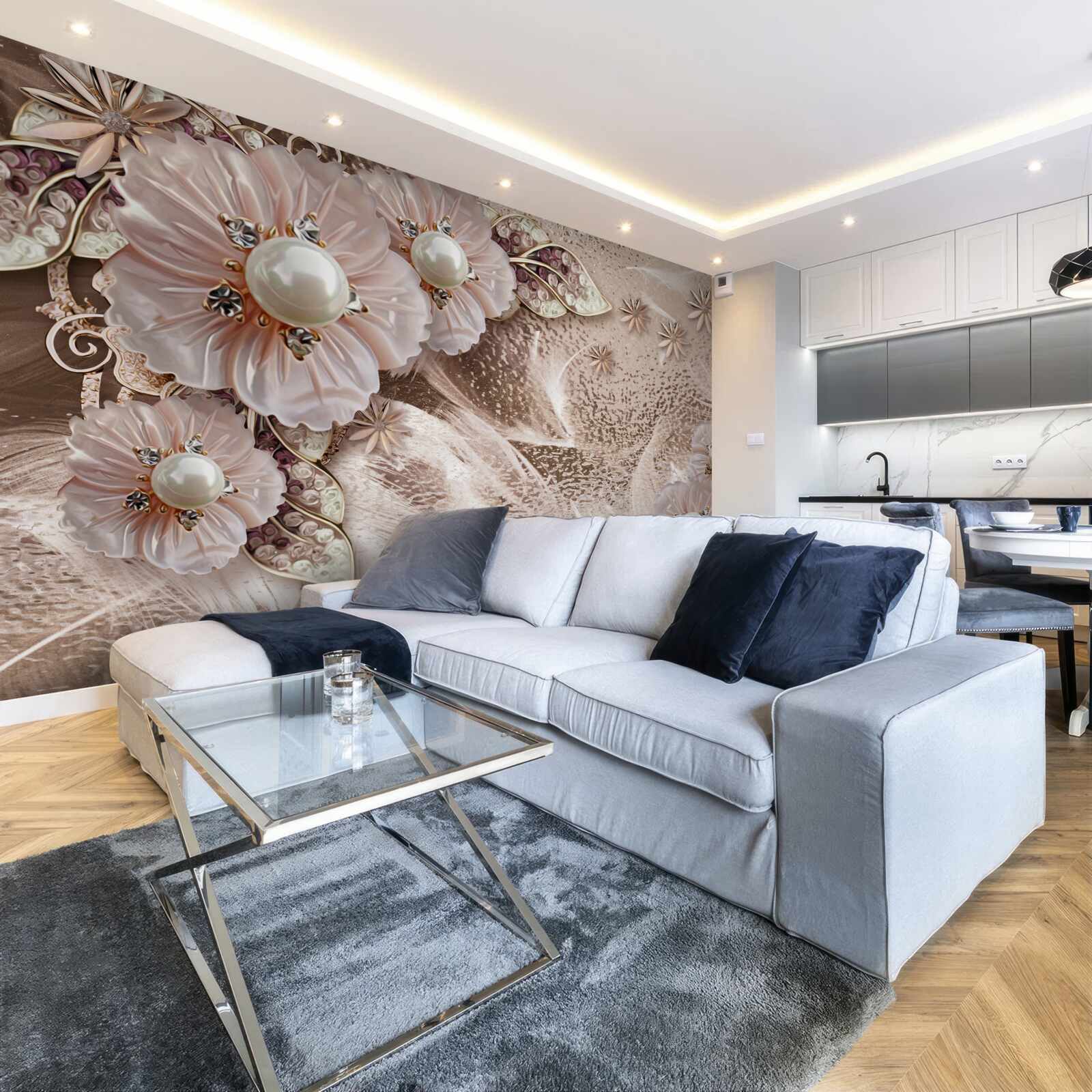 Papier peint perles et inflorescences gracieuses à bourgeons ouverts