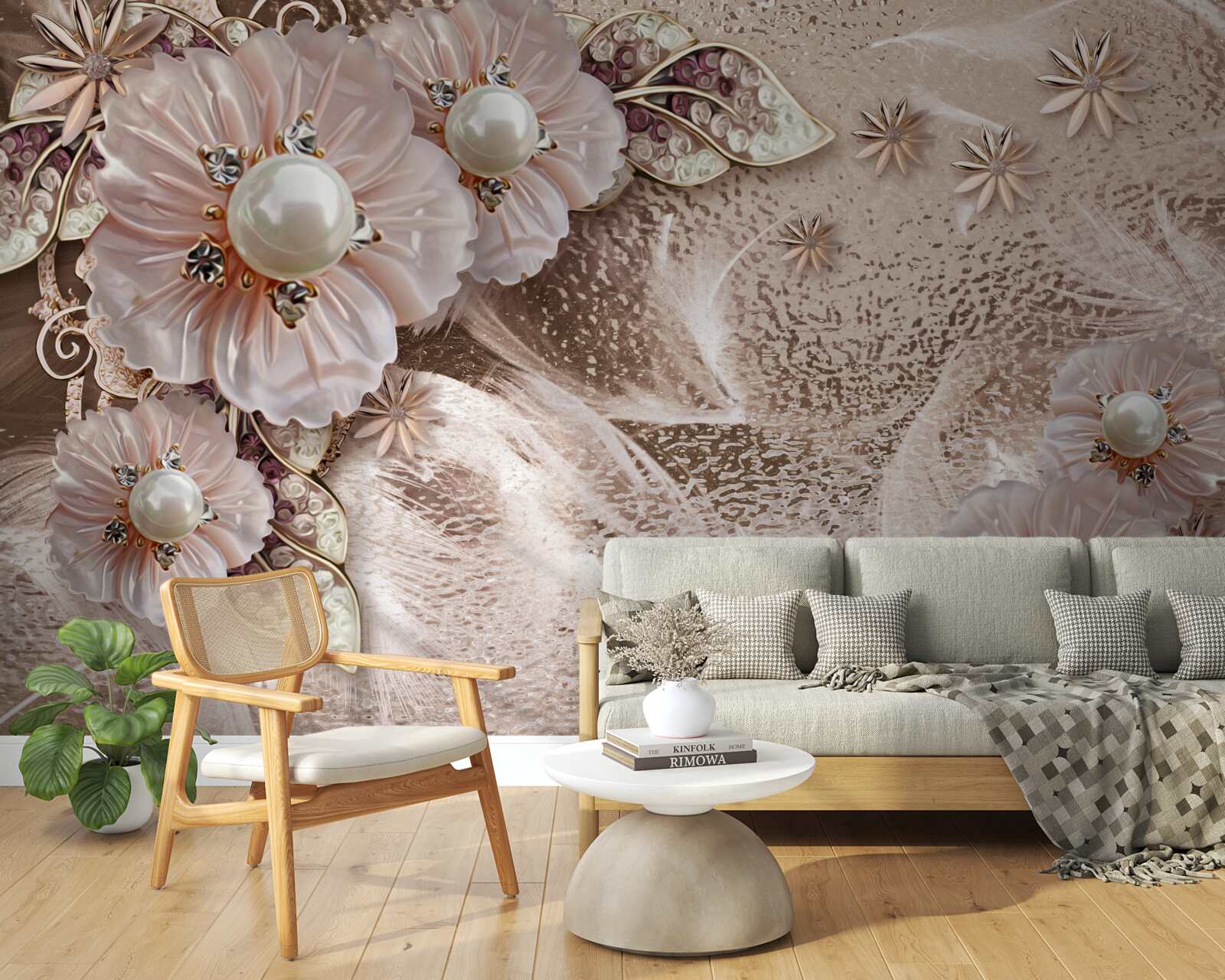 Papier peint perles et inflorescences gracieuses à bourgeons ouverts