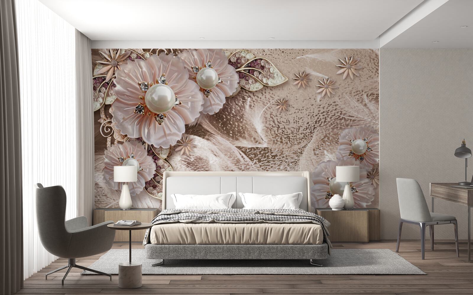 Papier peint perles et inflorescences gracieuses à bourgeons ouverts