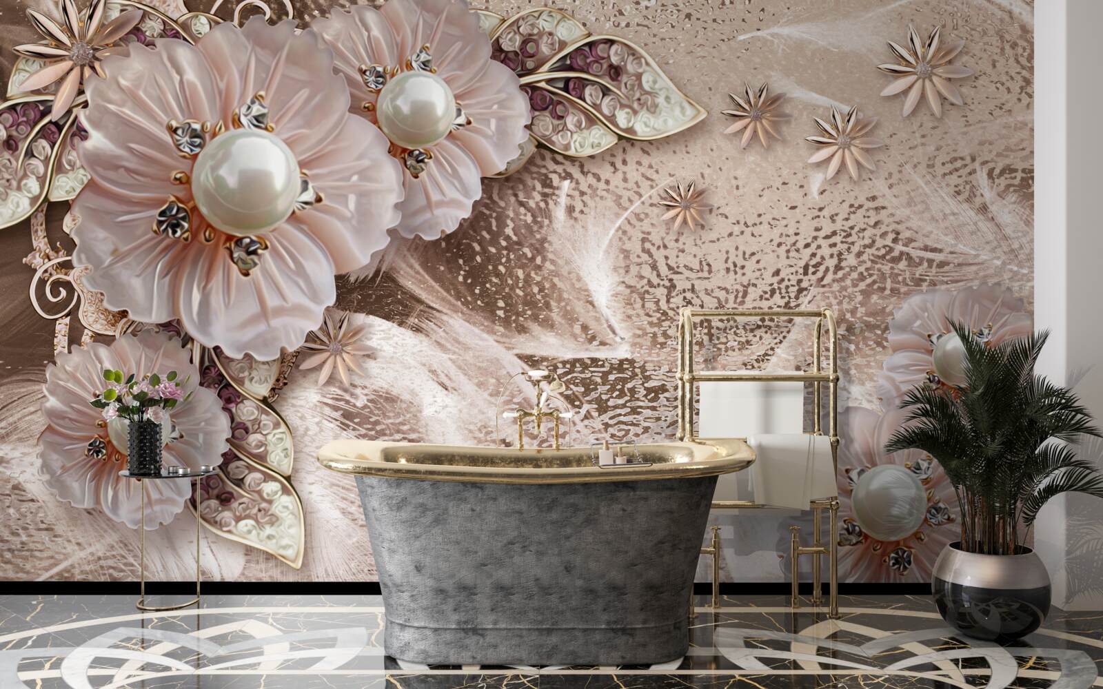 Papier peint perles et inflorescences gracieuses à bourgeons ouverts