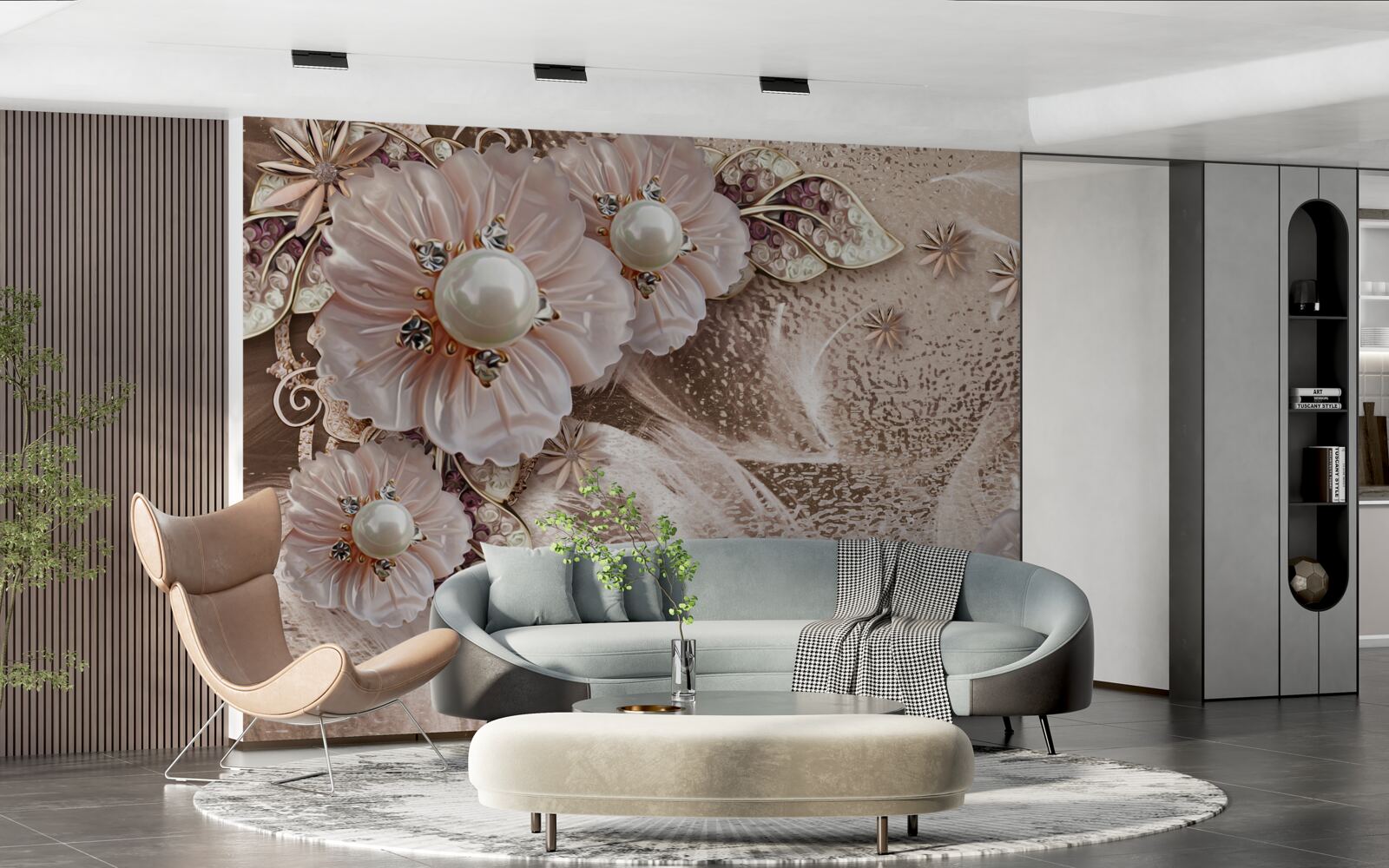 Papier peint perles et inflorescences gracieuses à bourgeons ouverts