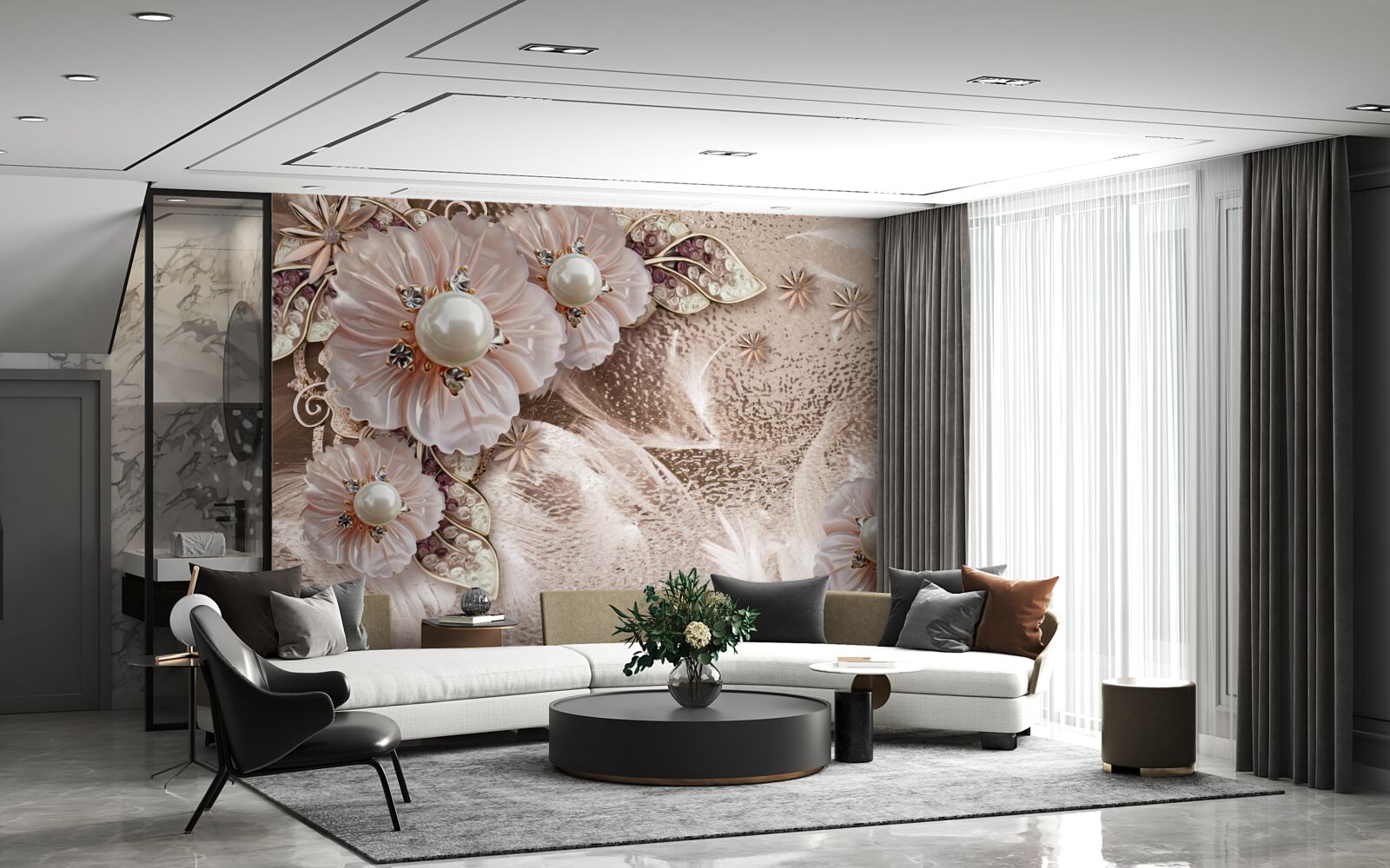 Papier peint perles et inflorescences gracieuses à bourgeons ouverts