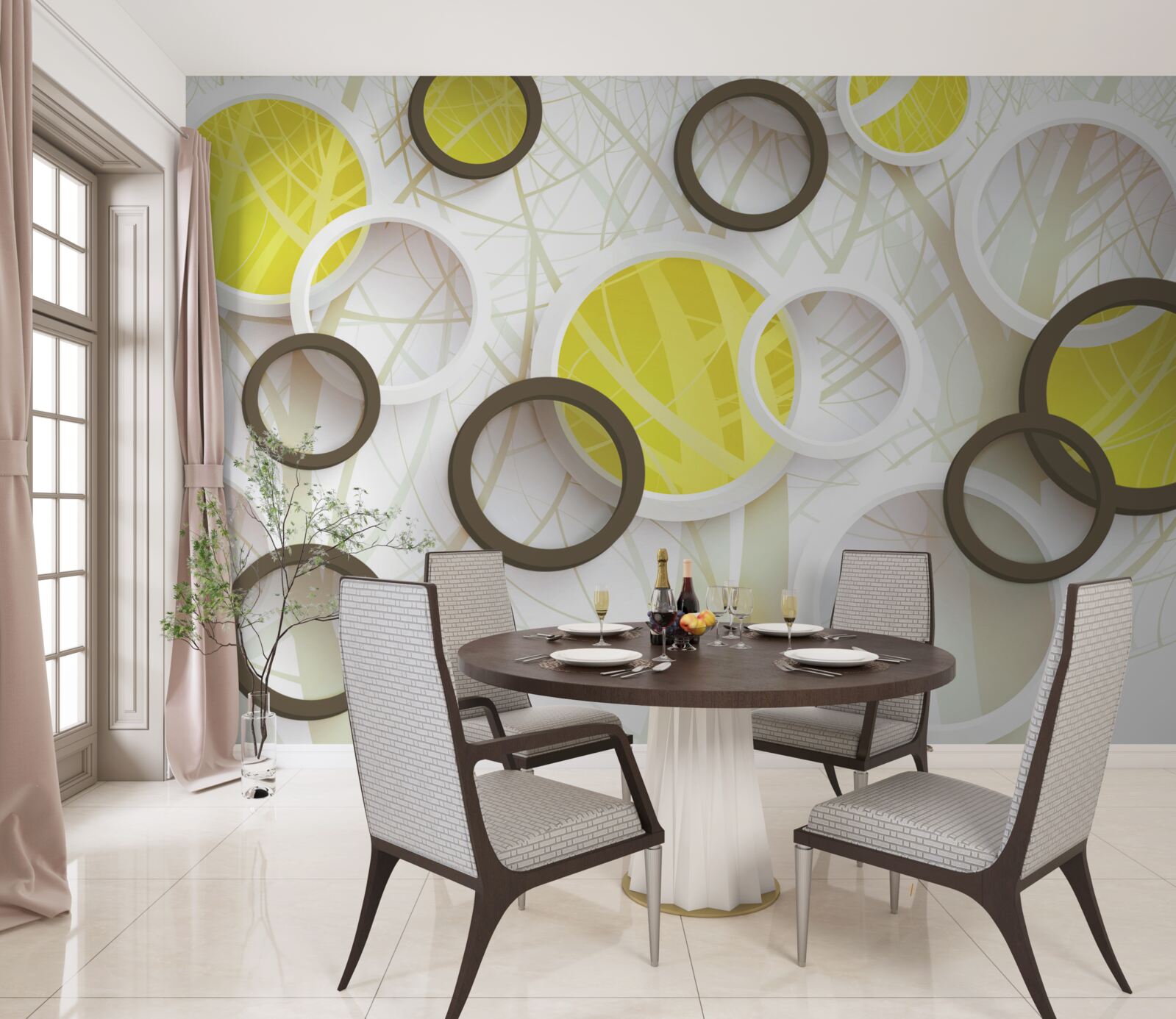 Papier peint Roues en vue stéréoscopique, avec la forêt en arrière-plan