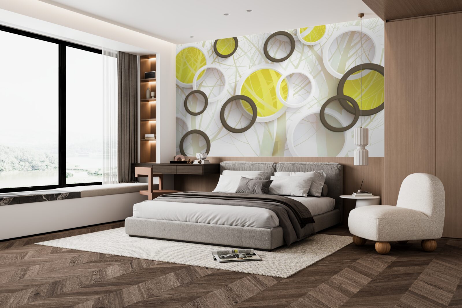 Papier peint Roues en vue stéréoscopique, avec la forêt en arrière-plan