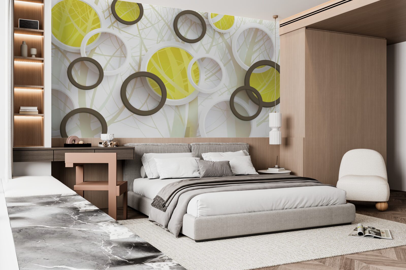 Papier peint Roues en vue stéréoscopique, avec la forêt en arrière-plan