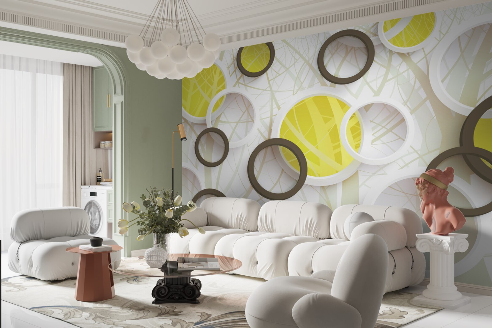 Papier peint Roues en vue stéréoscopique, avec la forêt en arrière-plan