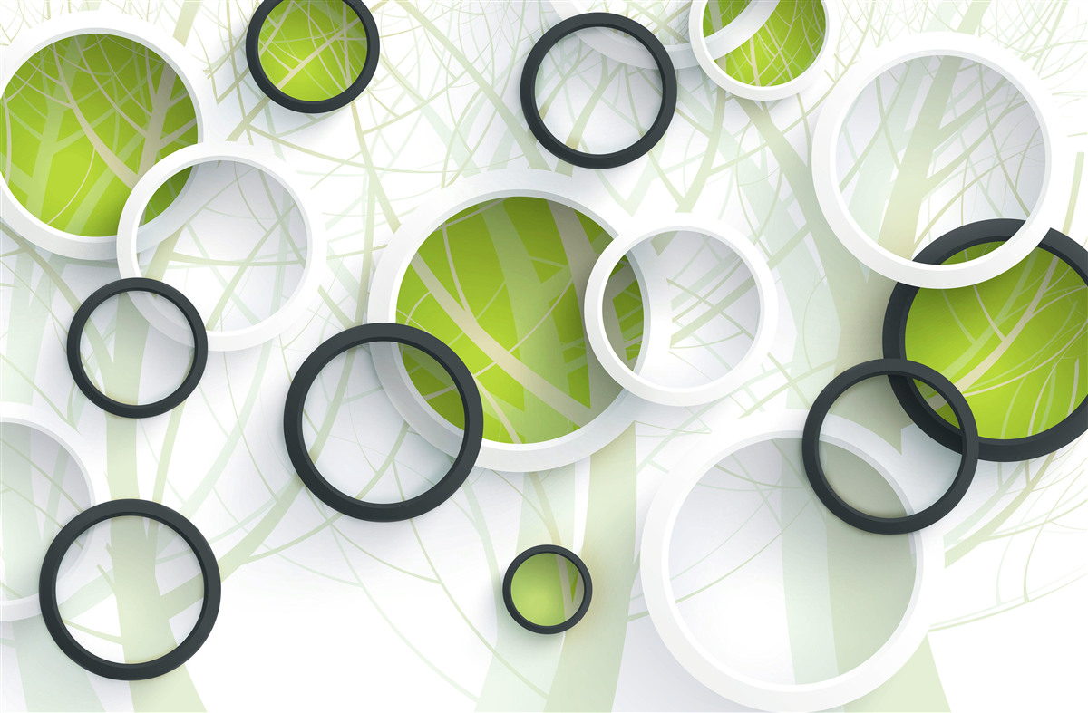 Papier peint forêt dense et envahissante et cercles 3D