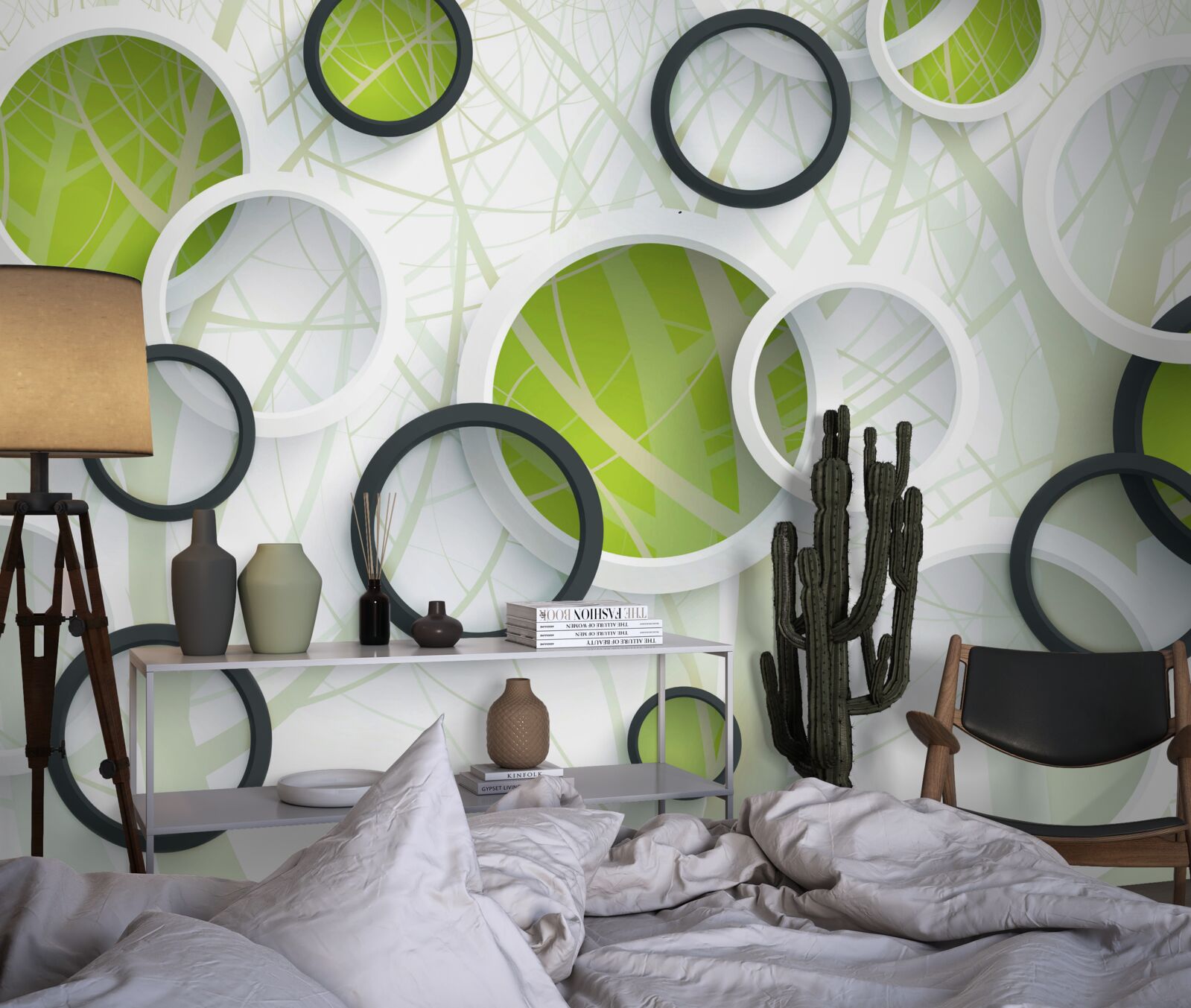 Papier peint forêt dense et envahissante et cercles 3D