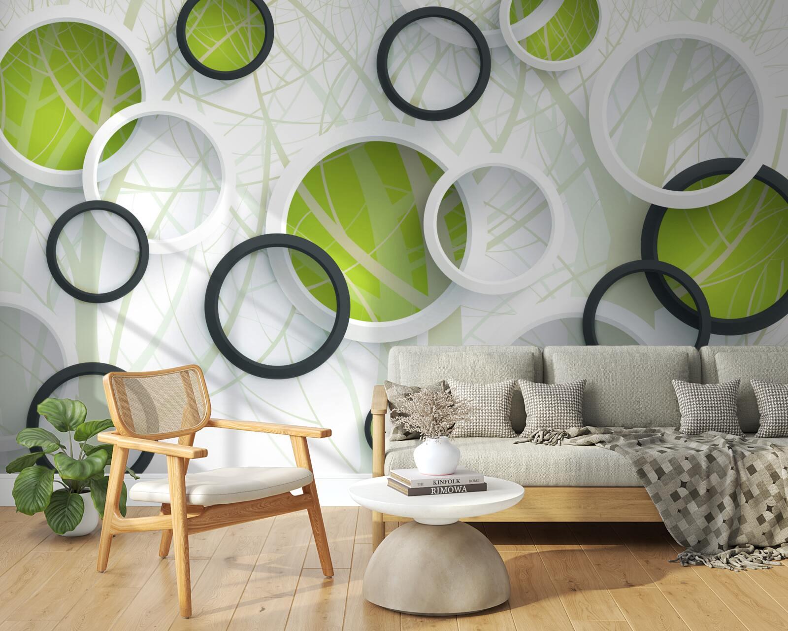 Papier peint forêt dense et envahissante et cercles 3D