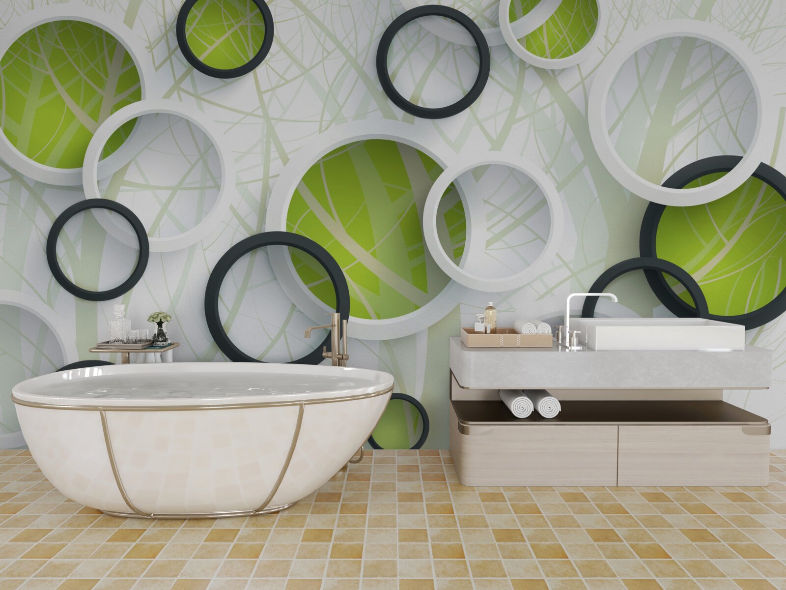 Papier peint forêt dense et envahissante et cercles 3D