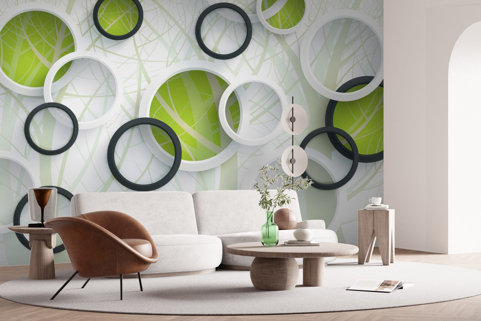 Papier peint forêt dense et envahissante et cercles 3D