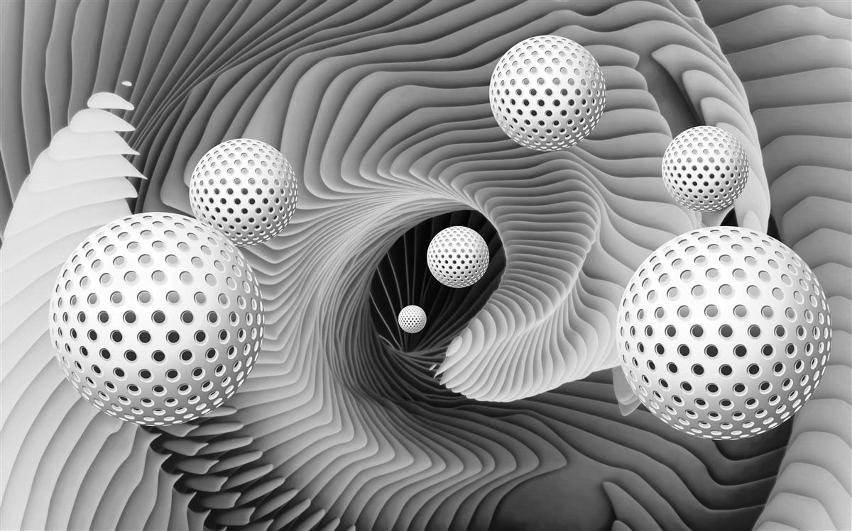 Papier peint perspective de boules et de vortex en noir et blanc
