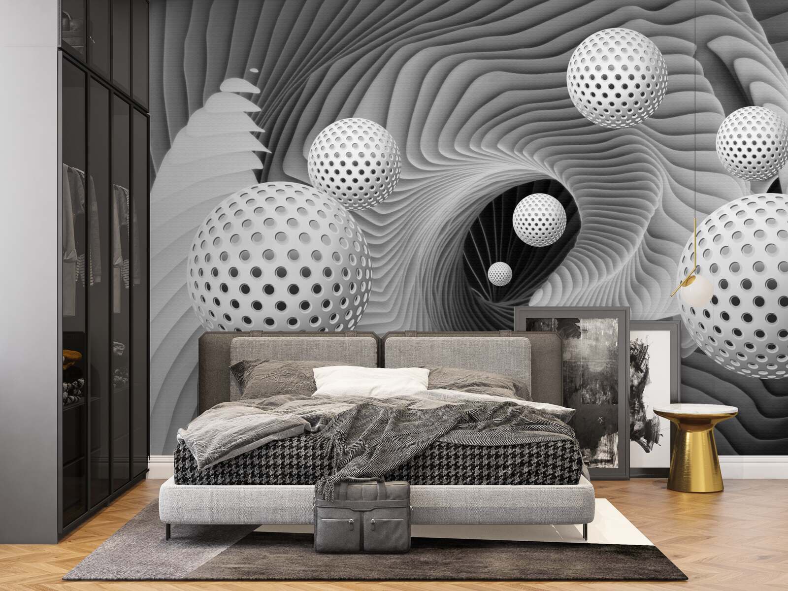 Papier peint perspective de boules et de vortex en noir et blanc