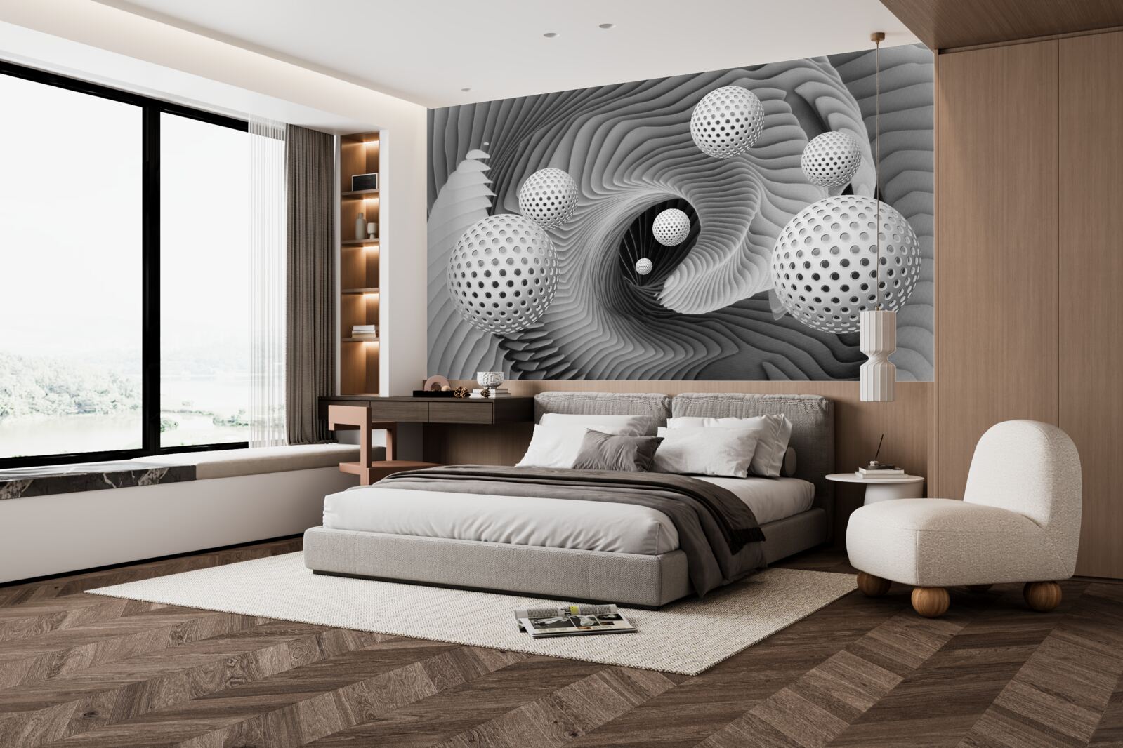 Papier peint perspective de boules et de vortex en noir et blanc