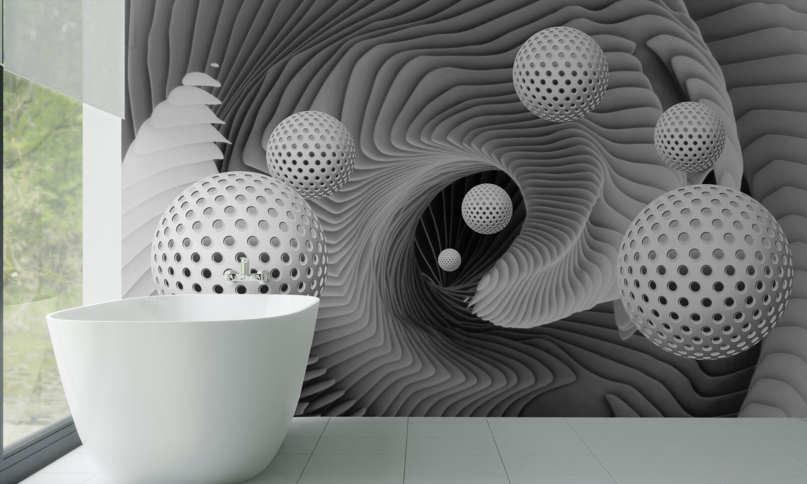 Papier peint perspective de boules et de vortex en noir et blanc