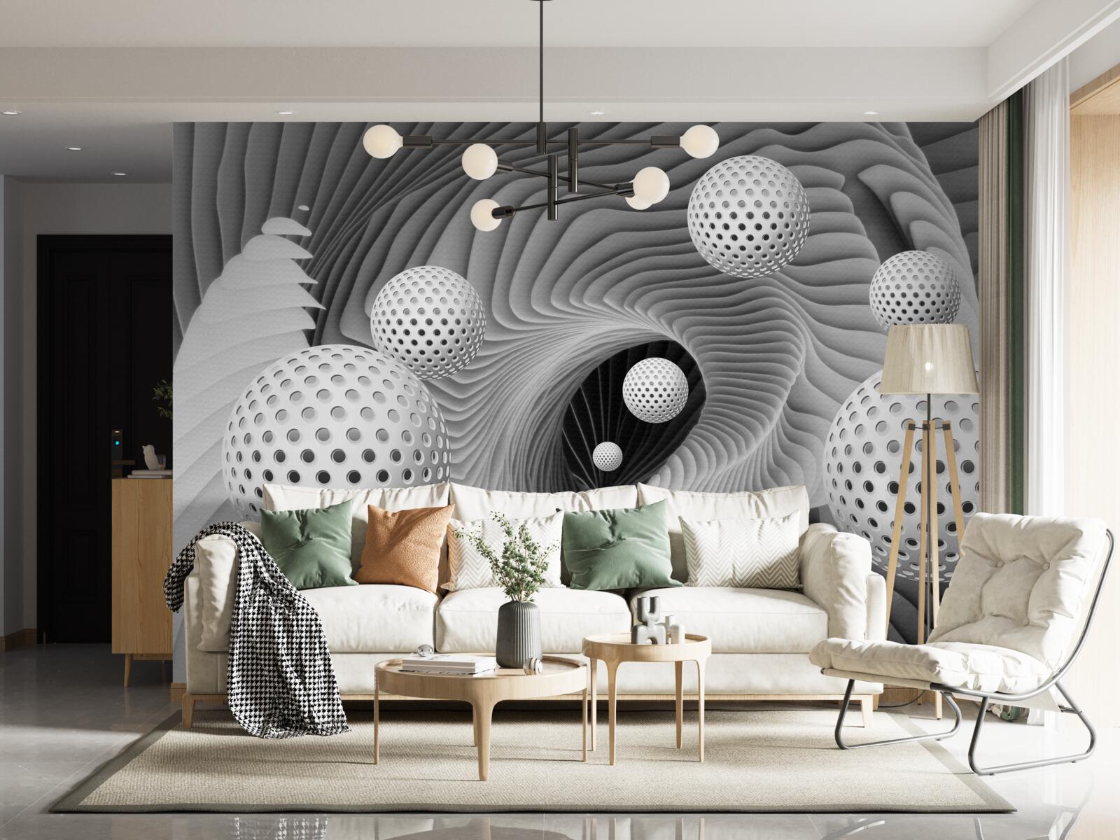 Papier peint perspective de boules et de vortex en noir et blanc