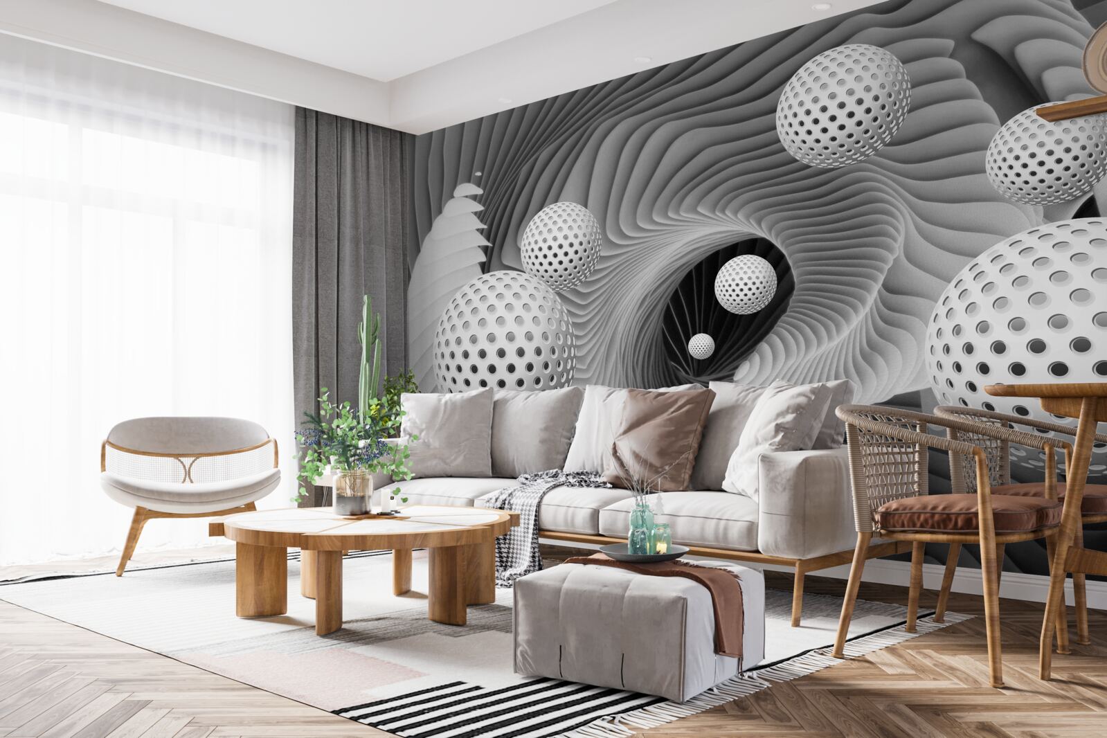 Papier peint perspective de boules et de vortex en noir et blanc