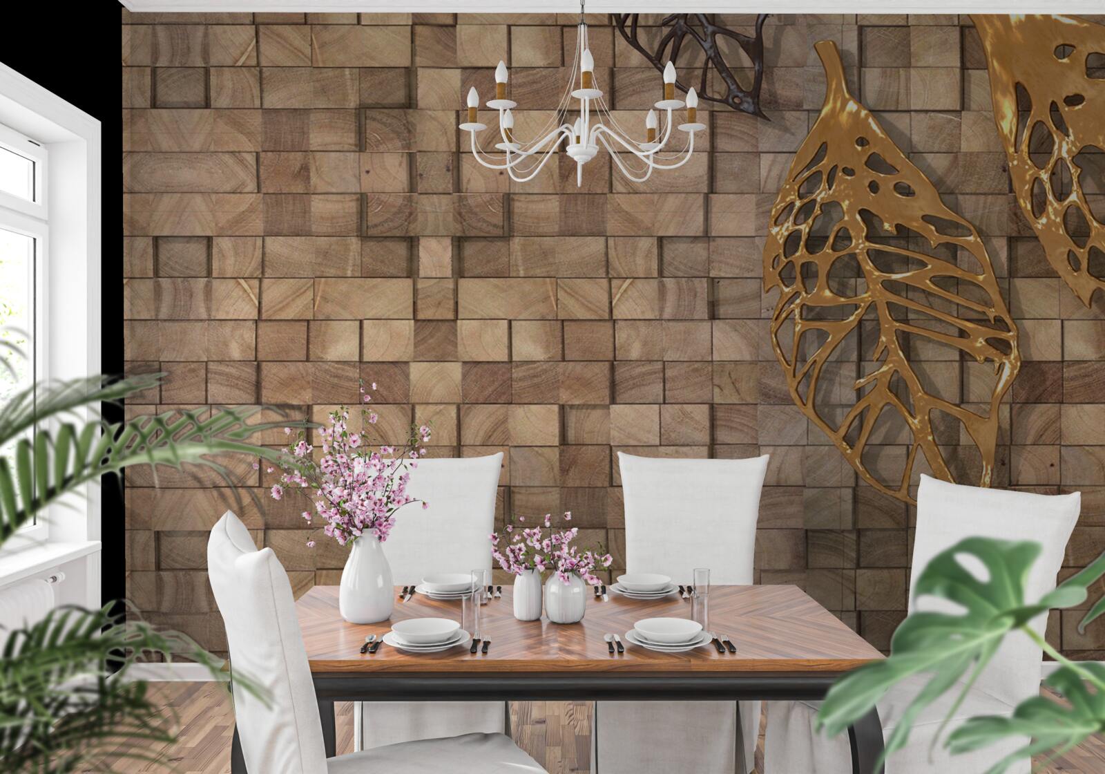 Papier peint mosaïque dans les tons bruns avec une image de feuilles