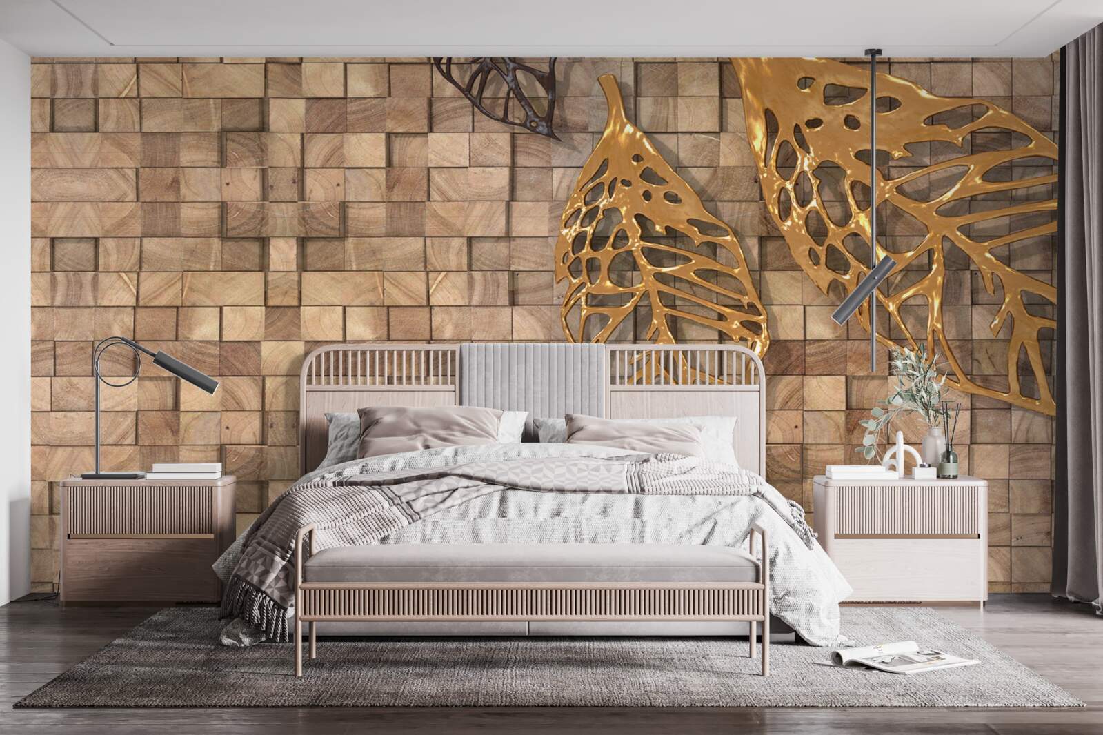 Papier peint mosaïque dans les tons bruns avec une image de feuilles