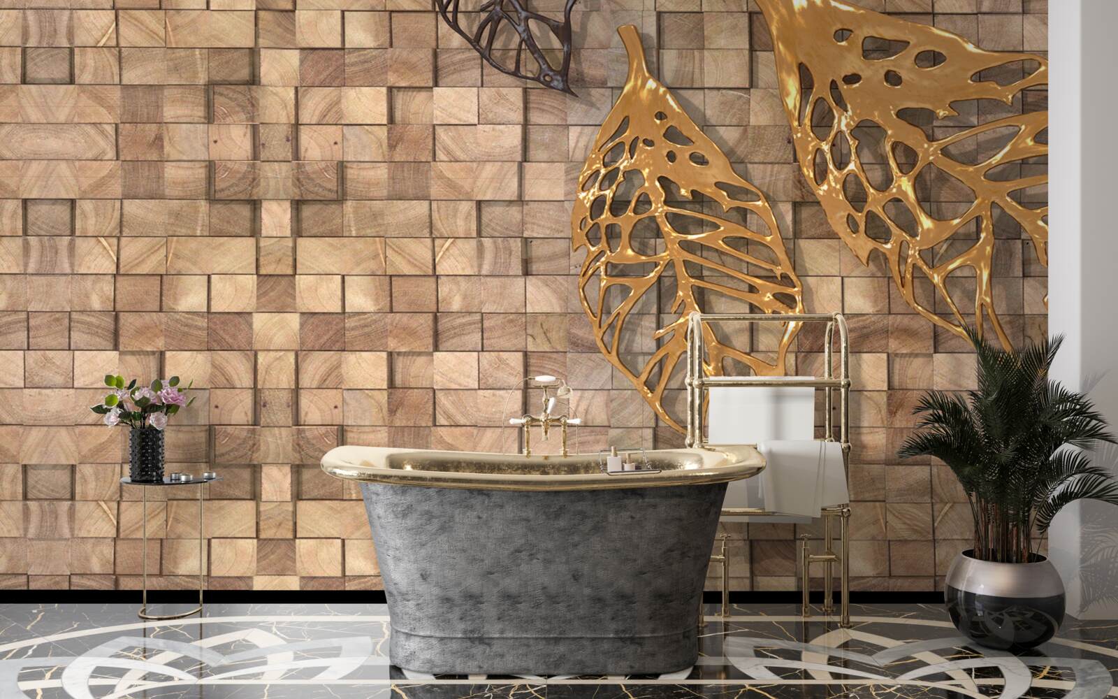 Papier peint mosaïque dans les tons bruns avec une image de feuilles