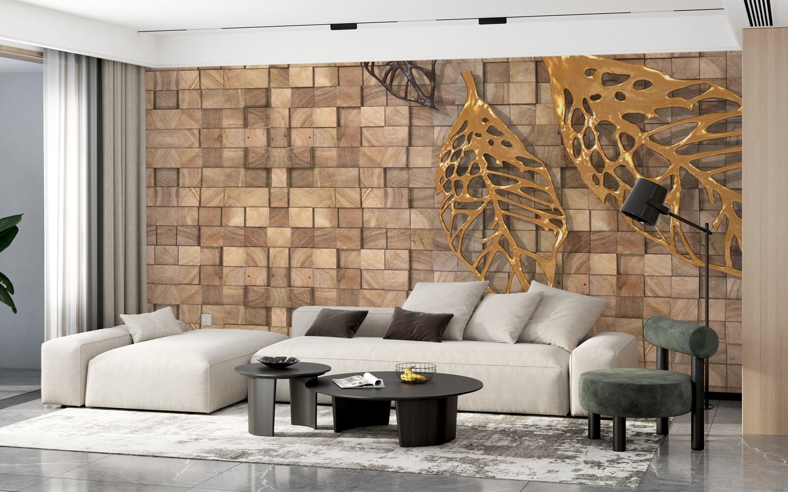 Papier peint mosaïque dans les tons bruns avec une image de feuilles