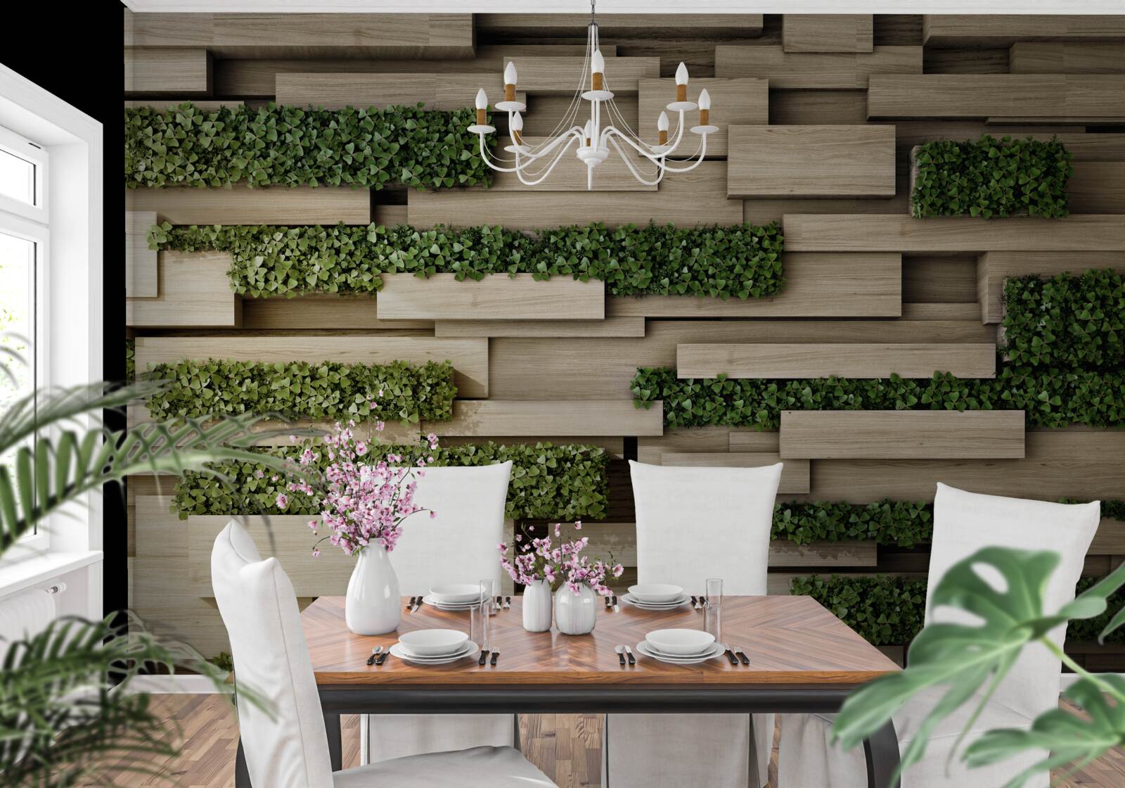 Papier peint plantes vertes sur un mur de pierre