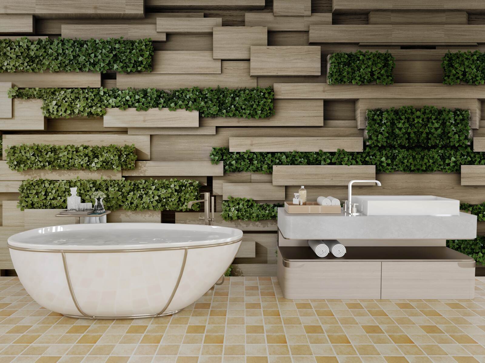 Papier peint plantes vertes sur un mur de pierre