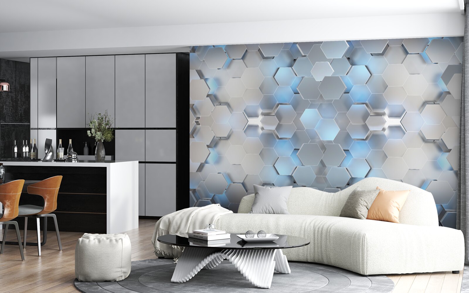 Papier peint perles bleues flottantes sur fond gris