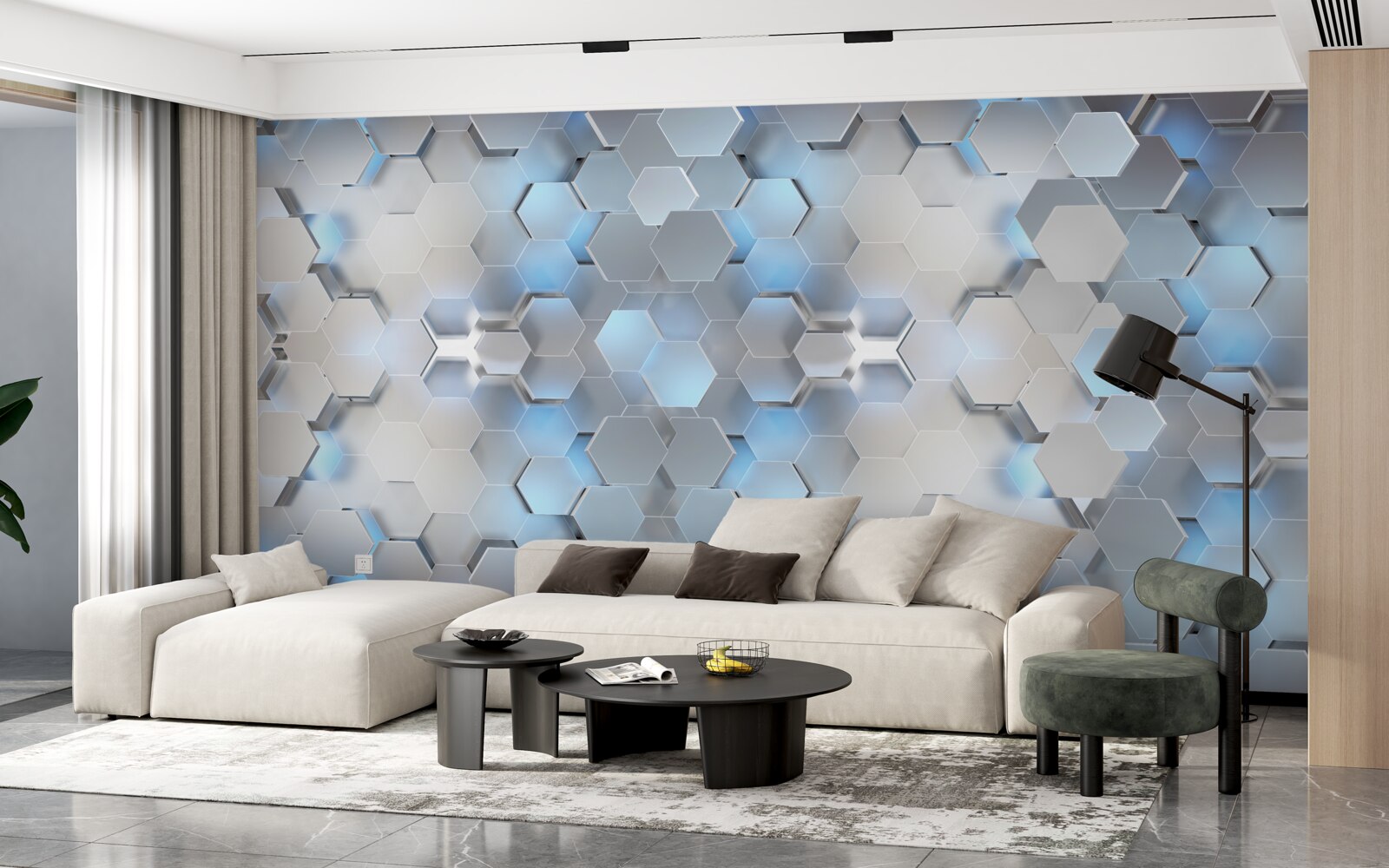 Papier peint perles bleues flottantes sur fond gris