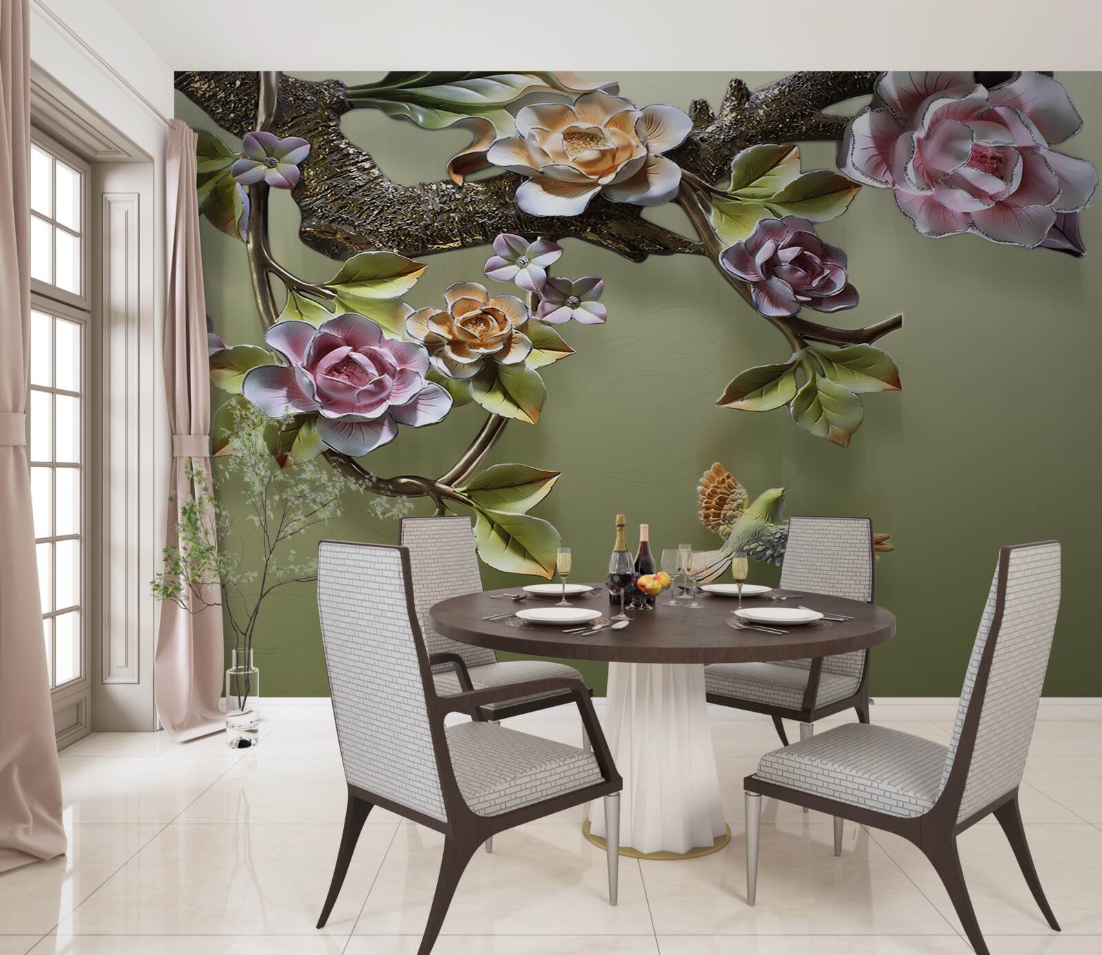 Papier peint des roses délicates et des hirondelles sur les branches