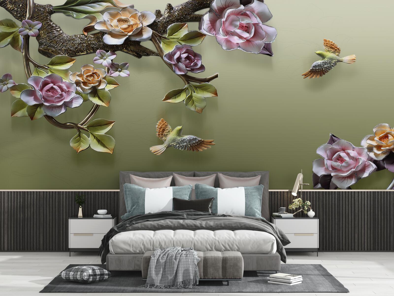 Papier peint des roses délicates et des hirondelles sur les branches