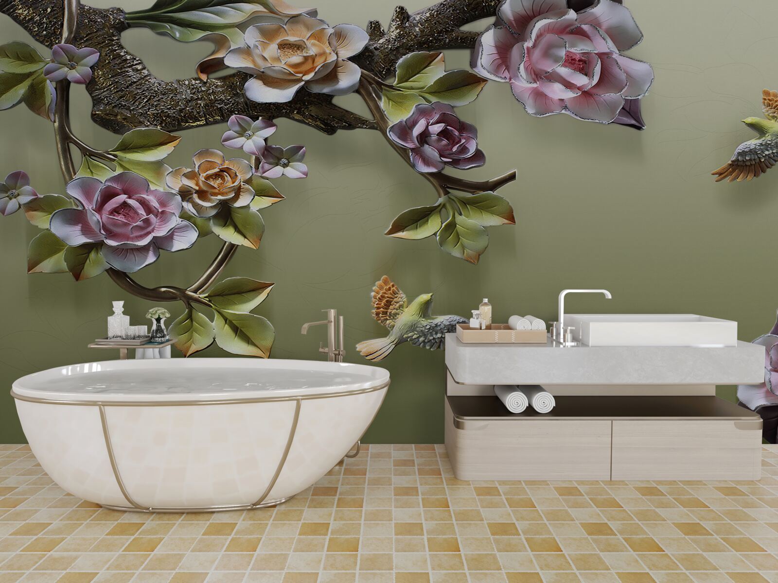 Papier peint des roses délicates et des hirondelles sur les branches