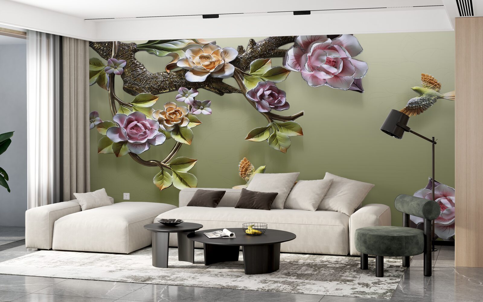 Papier peint des roses délicates et des hirondelles sur les branches