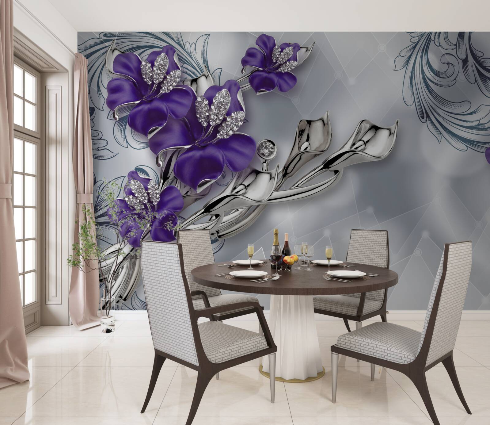 Papier peint lys pourpre royal sur branches