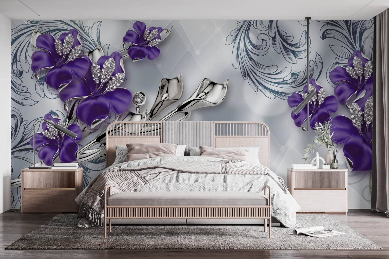 Papier peint lys pourpre royal sur branches