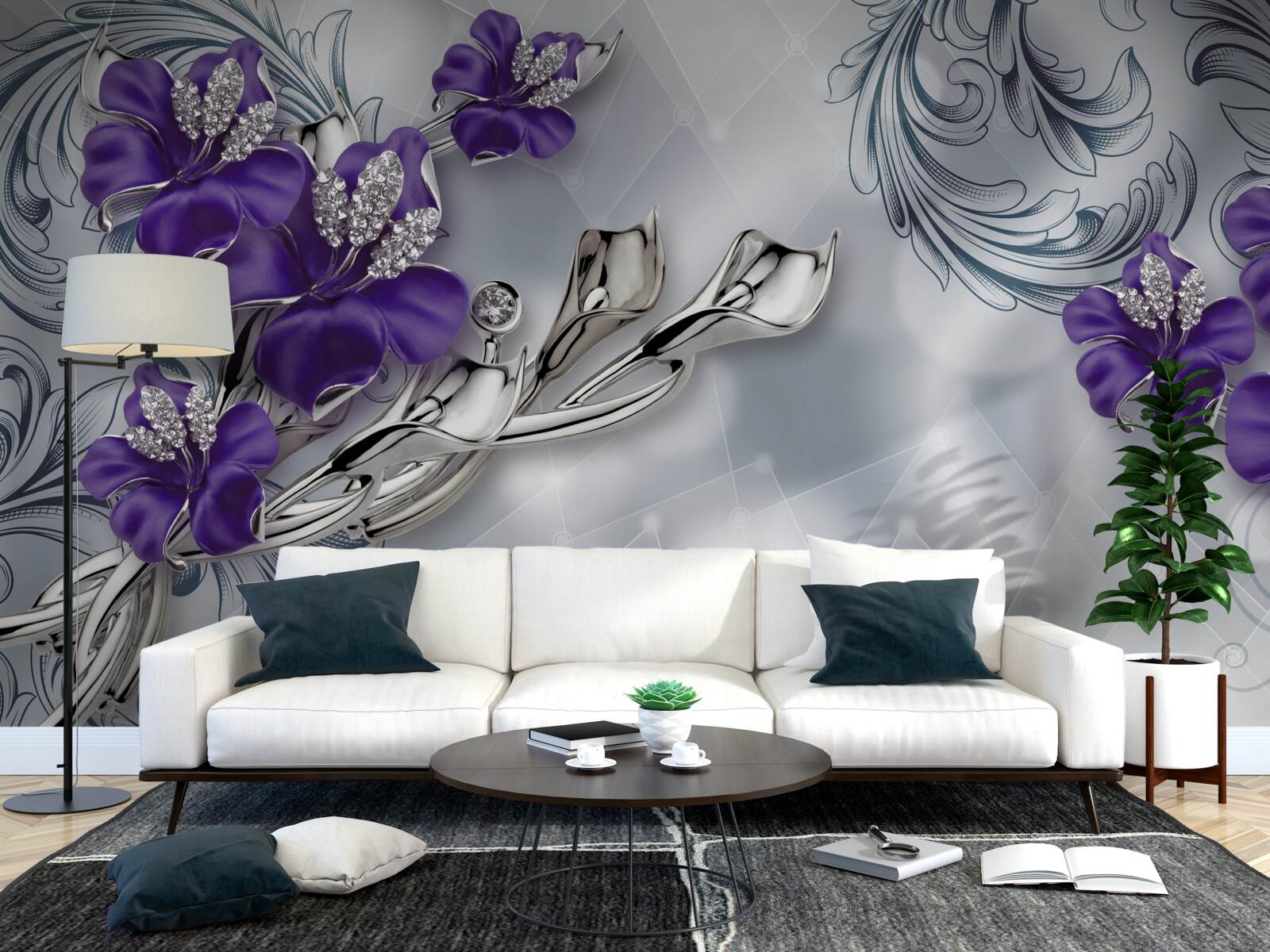 Papier peint lys pourpre royal sur branches