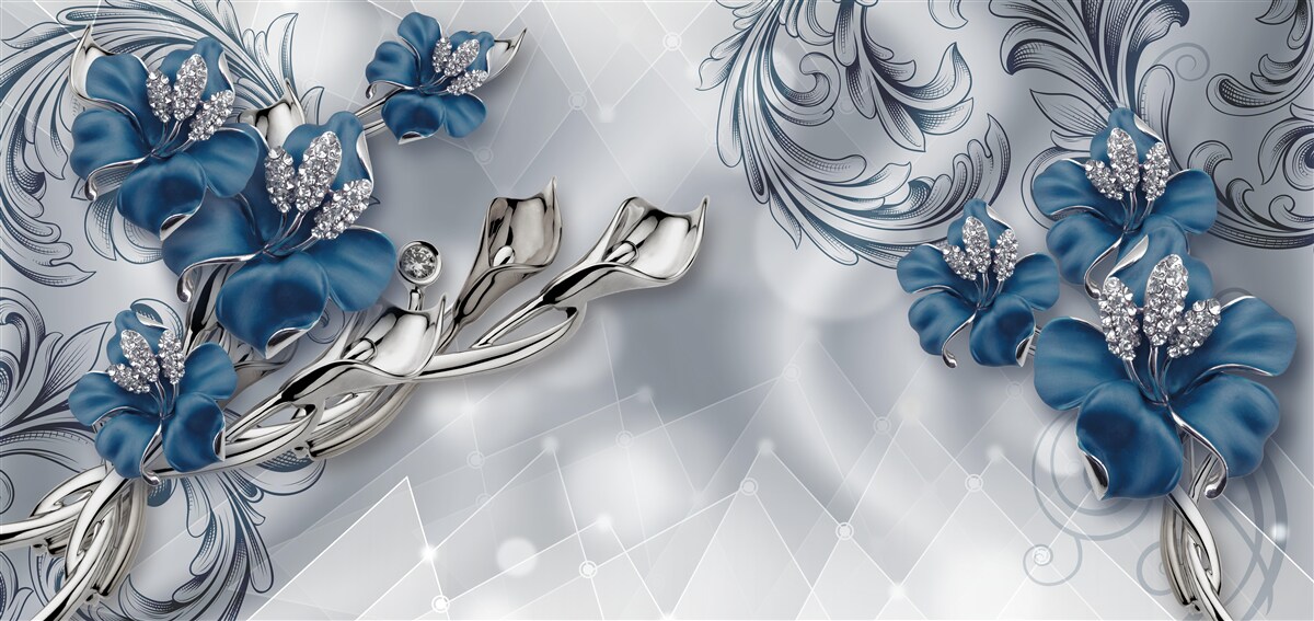 Papier peint lys bleu royal sur fond argenté